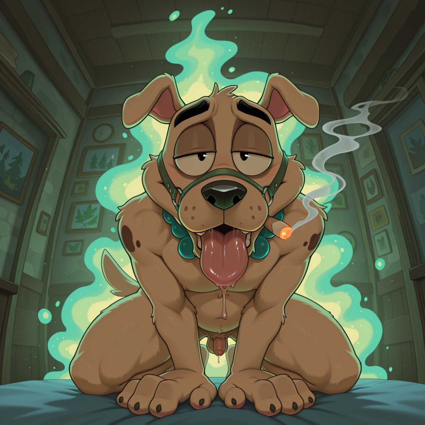 A Plump Courage Dog Blows Green Smoke Rings