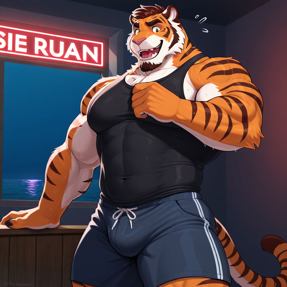 Muscular Tiger and Bear Entering Motel Room