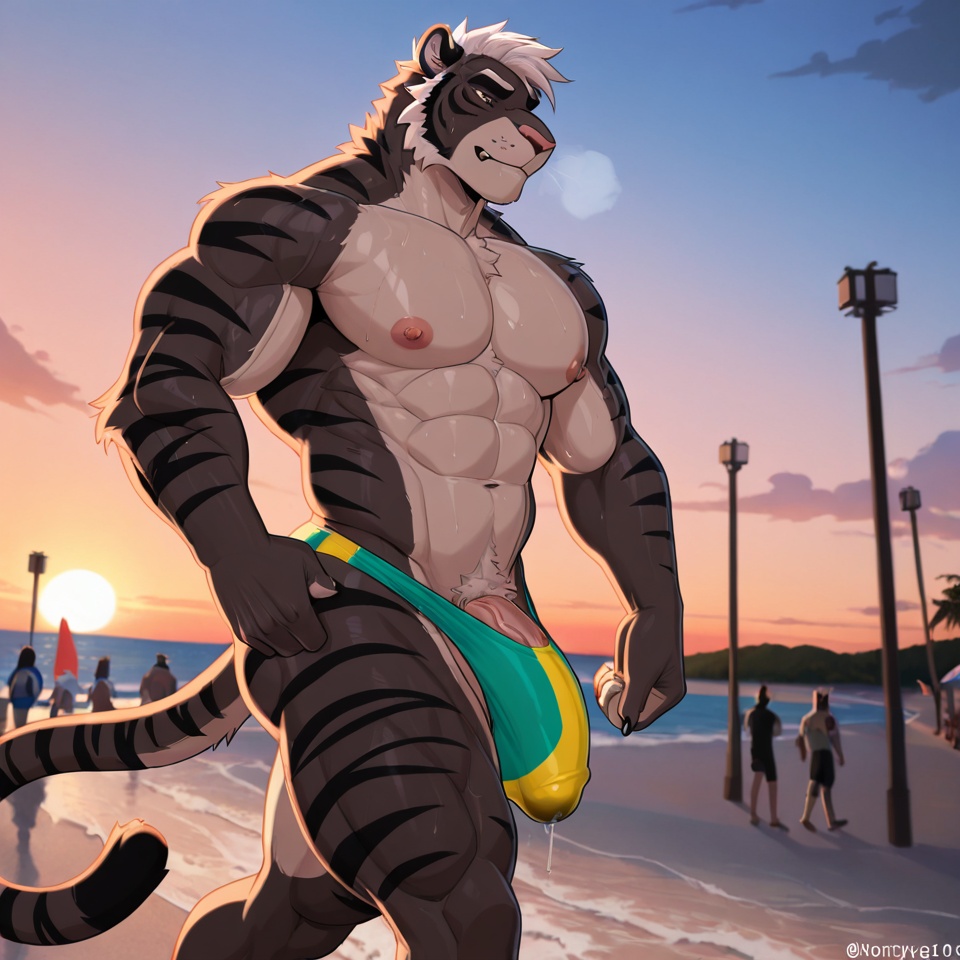 Muscular Orange Tiger on Brazilian Beach at Sunset