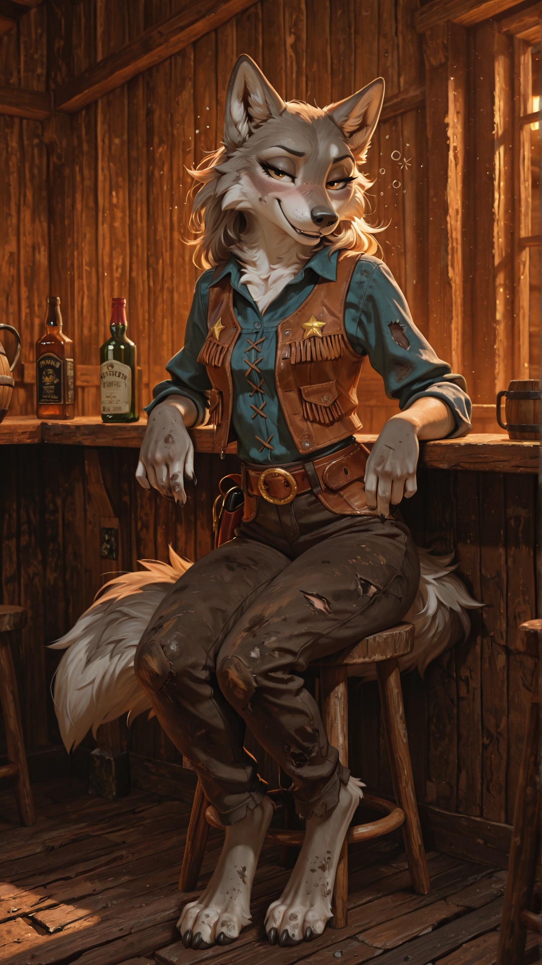 Flirty Wolf Cowgirl Lounging at Saloon Bar