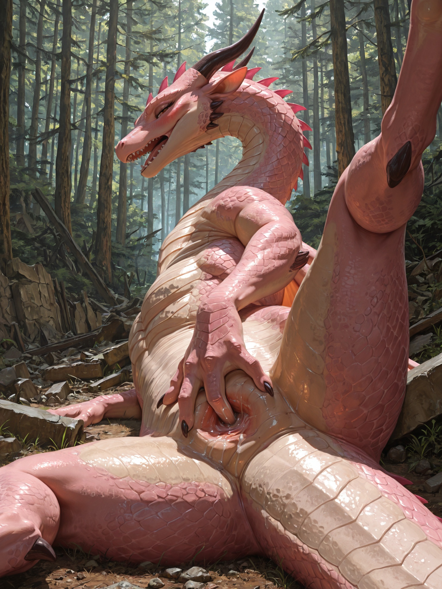 Feral Dragoness Masturbating in Ruined Forest