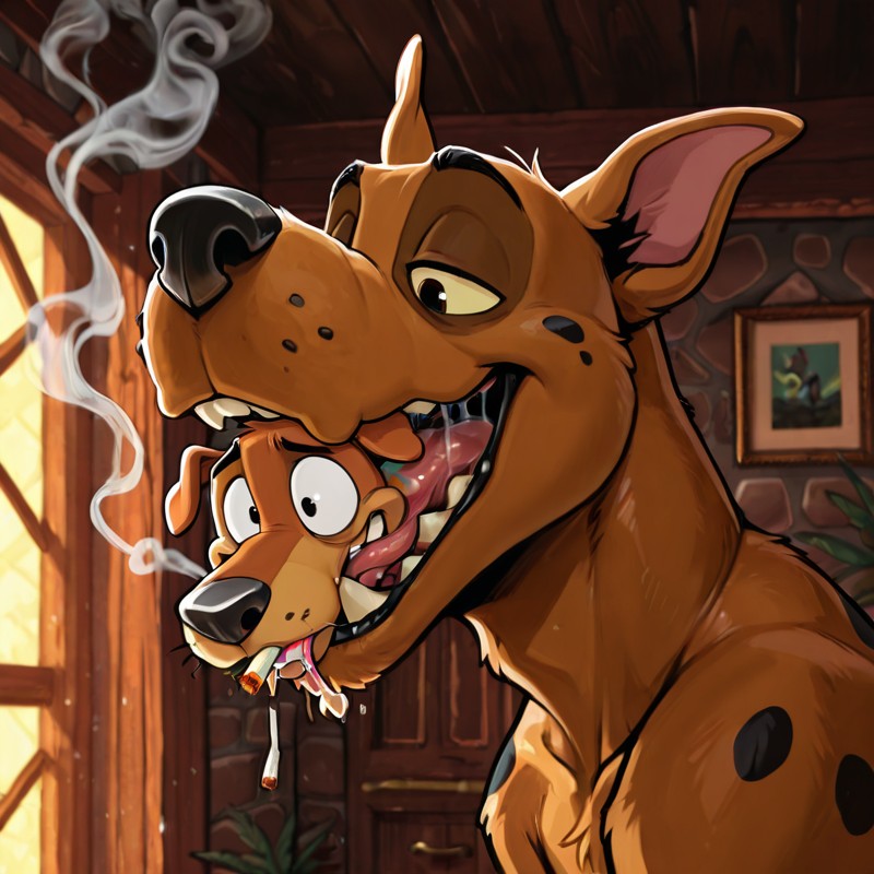 Scooby and Courage in a Hazy Meadow