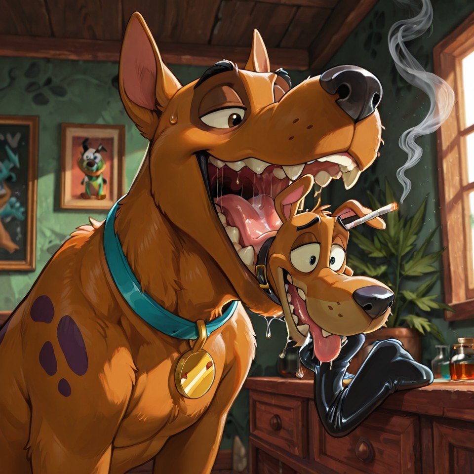 Scooby and Courage in a Hazy Living Room