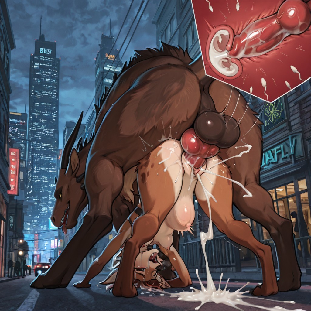 A Brown Wolf Mounting a Black Dragon in a City Street