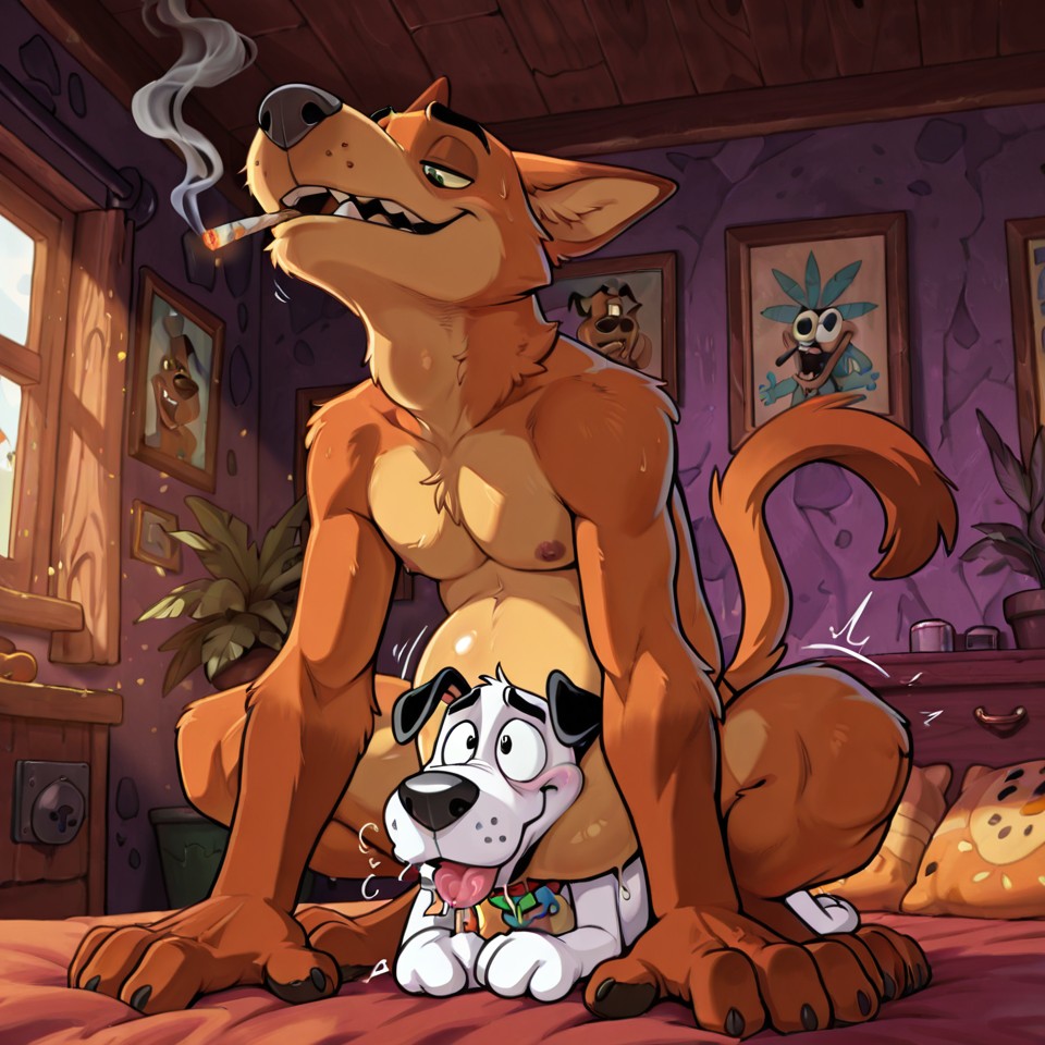 Cartoon Dog Poses in a Hazy Meadow