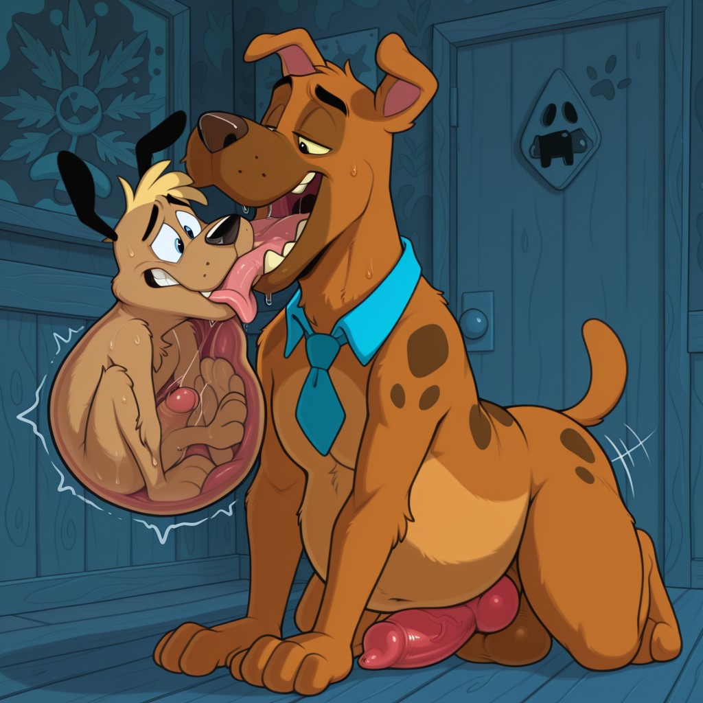 A Blonde-Haired Courage Dog Collared in Rainbow