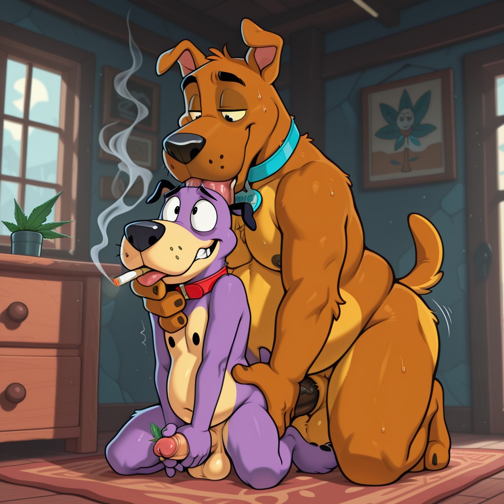 Scooby and Courage Sharing a Joint in a Cozy Room Duo