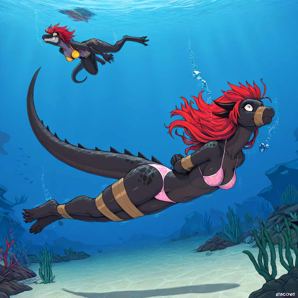 Dragon in Black Bikini Struggling Underwater