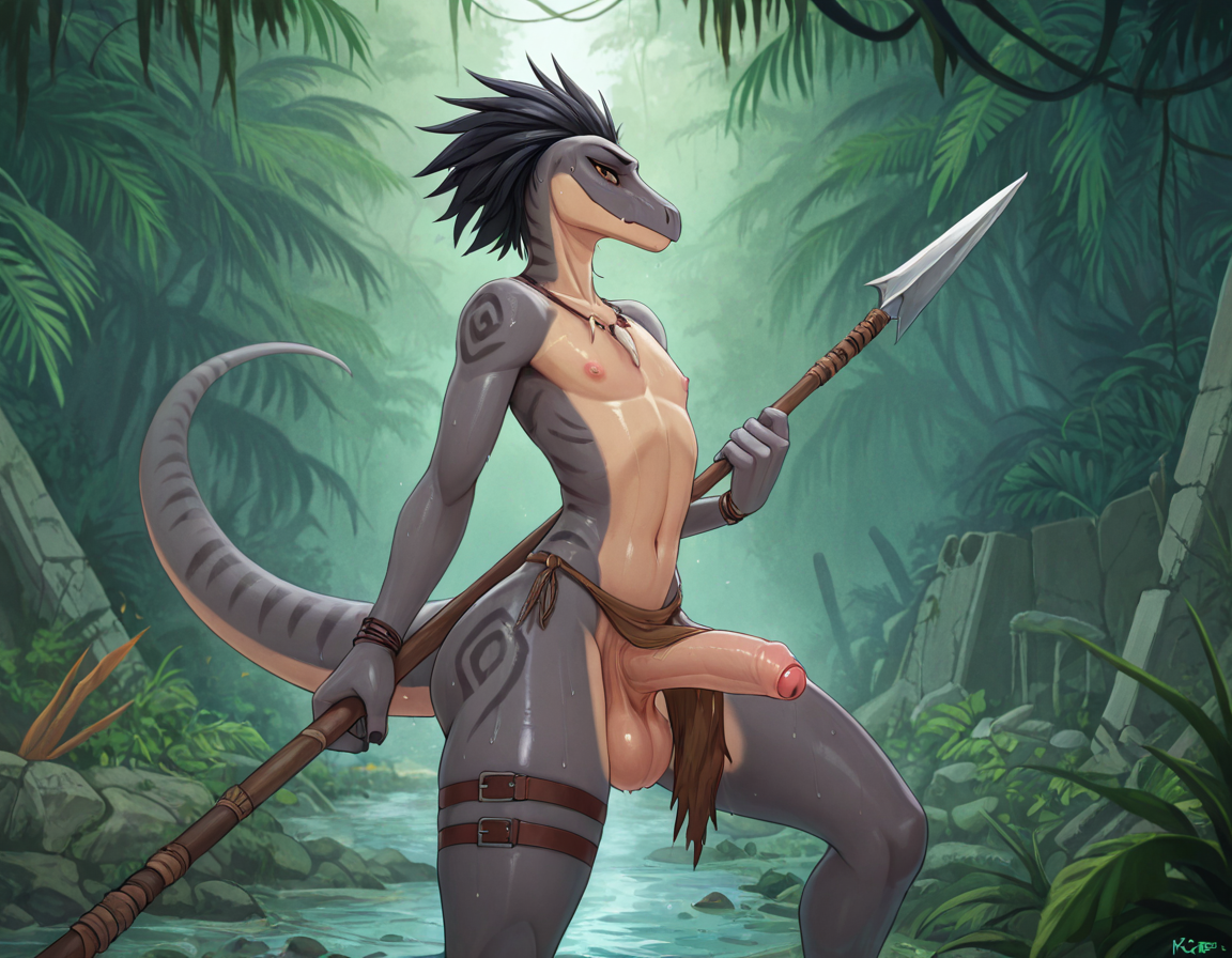 Dinosaur Warrior in Rainy Jungle Ruins