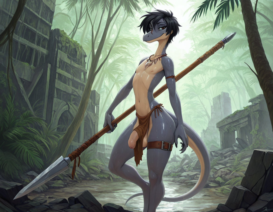 Dino Warrior in Rainy Jungle Ruins