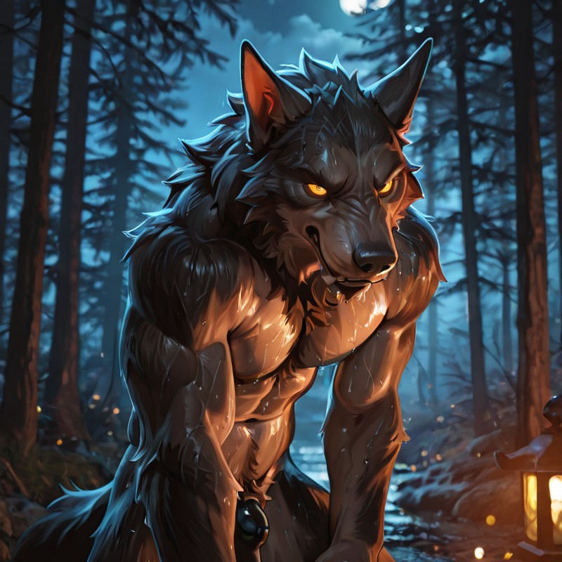Werewolf Standing in a Moonlit Forest at Night
