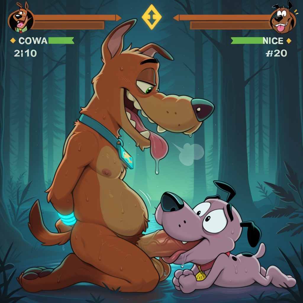 A Chubby Courage and Scooby Doo in a Glowing Neon Night