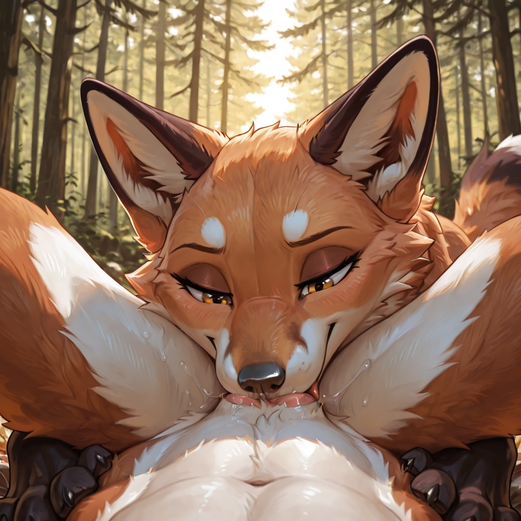 Red Fox and Cream Dog in a Forest Encounter