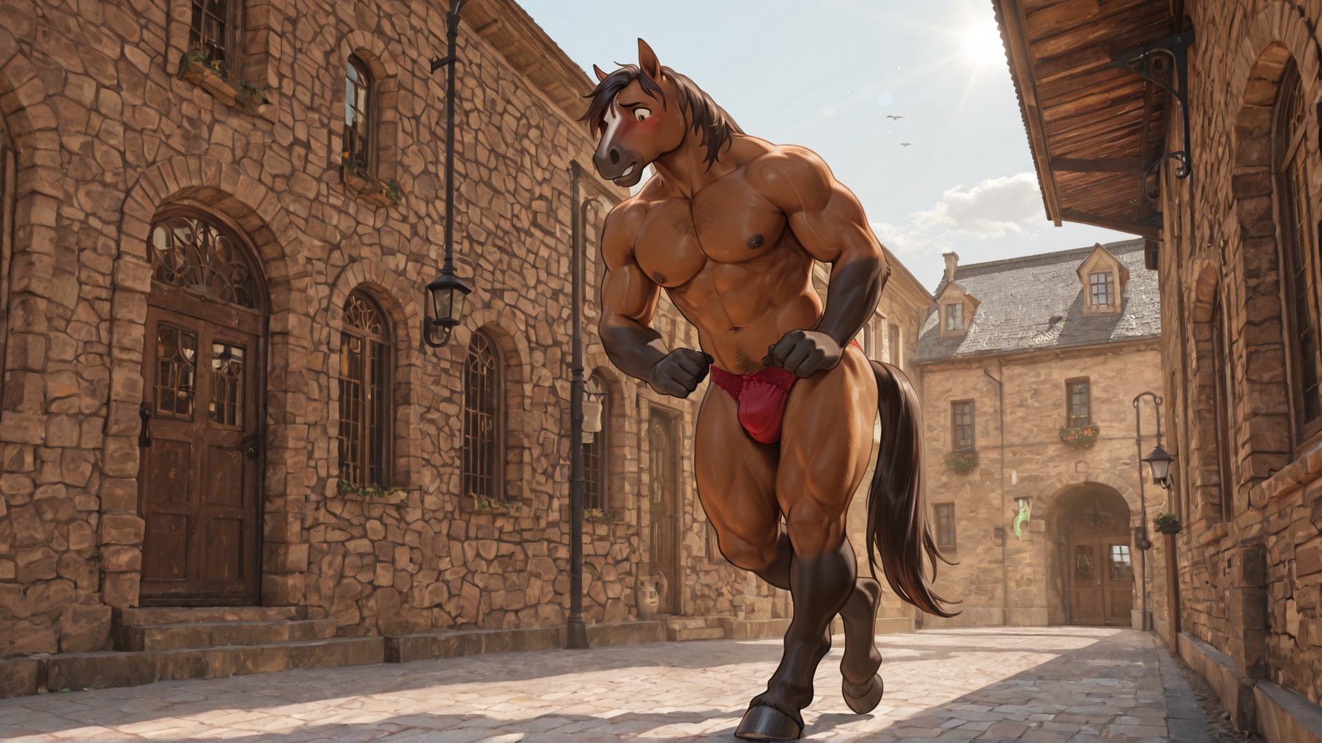 Muscular Male Horse Crossdressing in Public