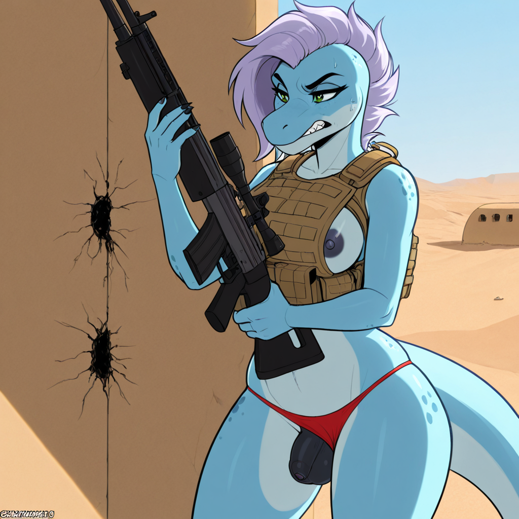 Blue Raptor Warrior in Desert Ruins