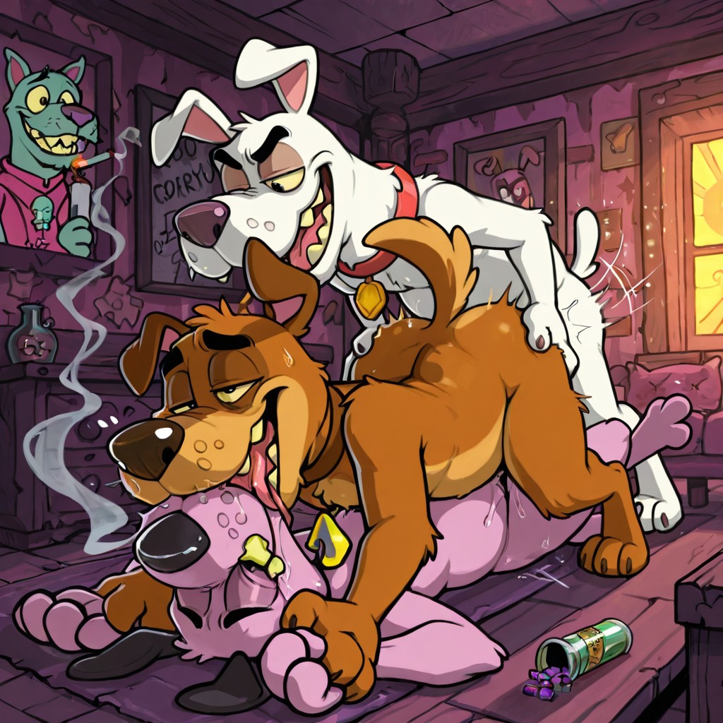 Anthro Scooby Doo and Courage Engage in Passionate Embrace