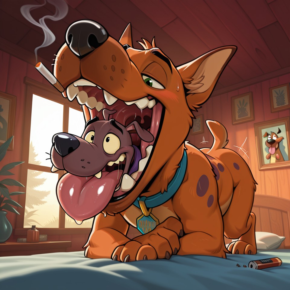 A Cowardly Dog and a Fox in a Hazy Living Room