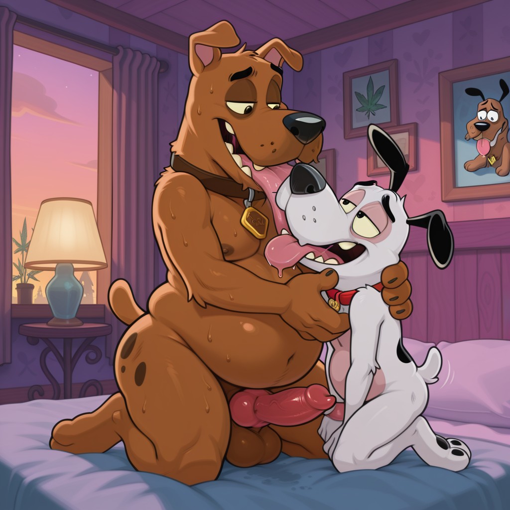 Two Courage the Cowardly Dog Anthros Sharing a Romantic Embrace Marijuana