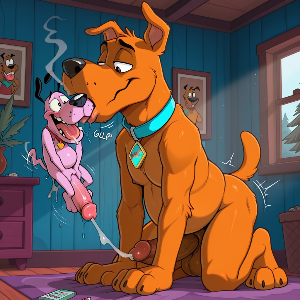 Two Cartoon Dogs Sitting Together in a Forest Clearing