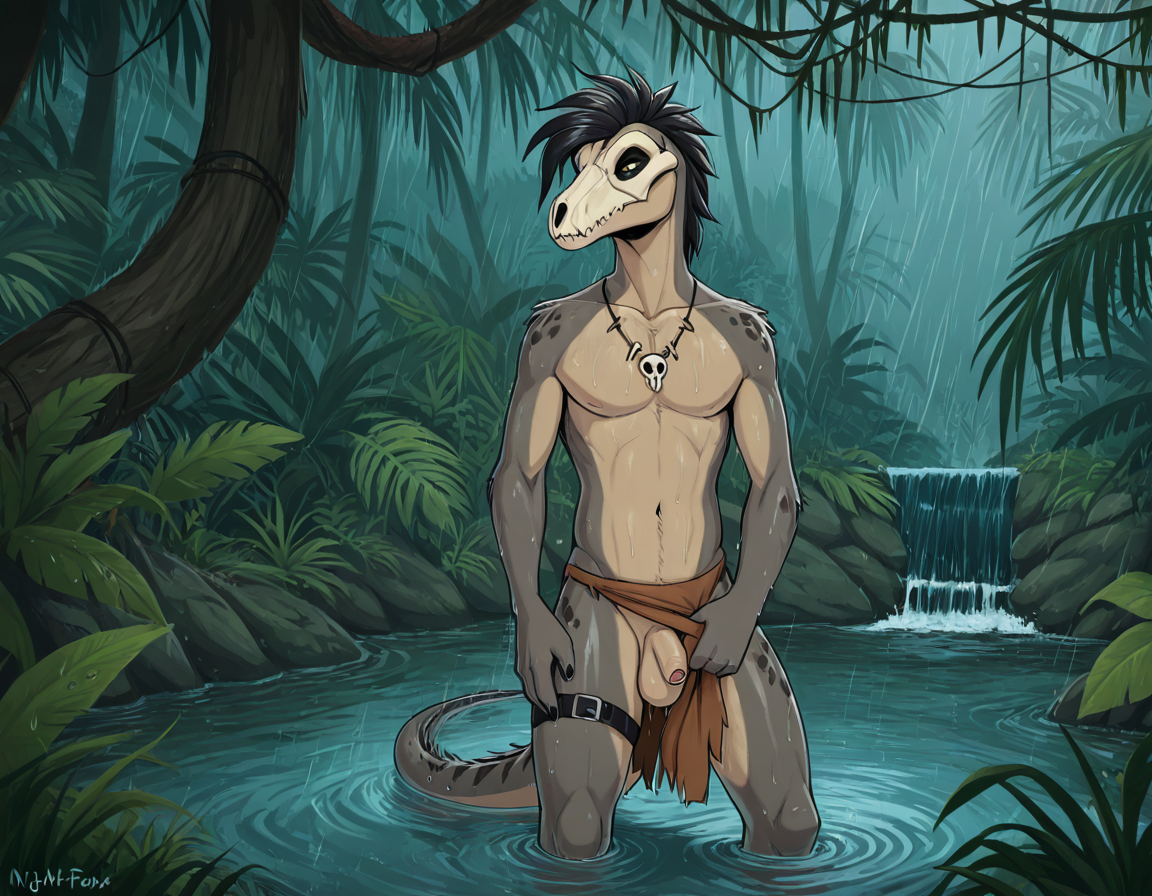Prehistoric Raptor Dinosaur in Rainy Jungle