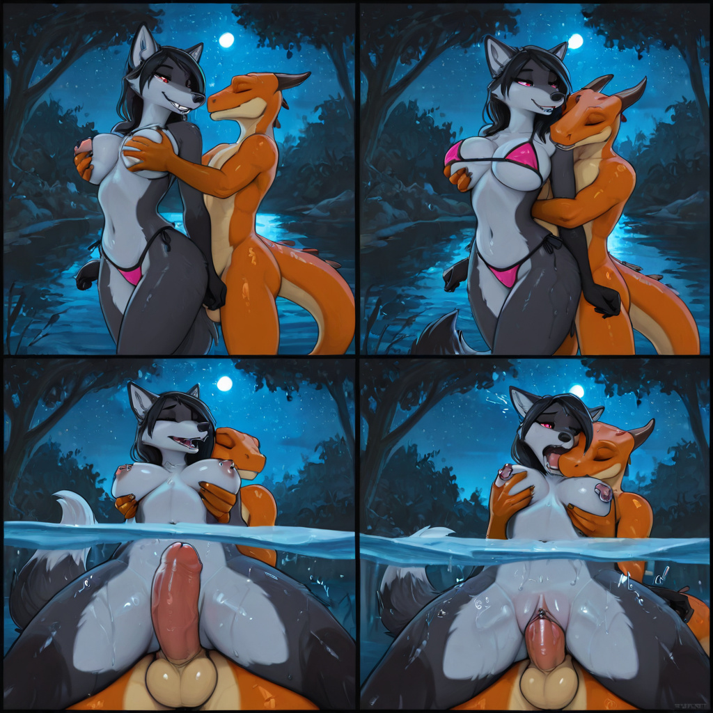 Anthro Fox and Lizard in Passionate Nighttime Embrace