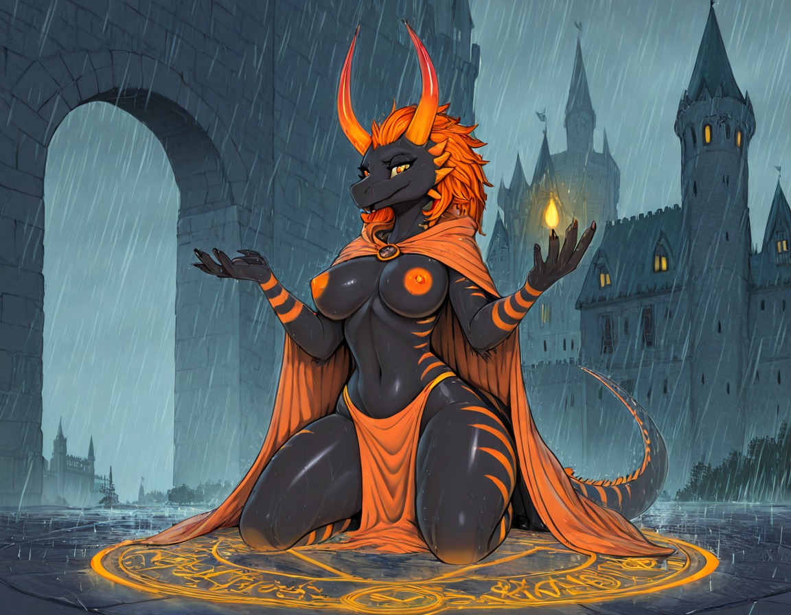 Majestic Dragon Queen in Rainy Castle