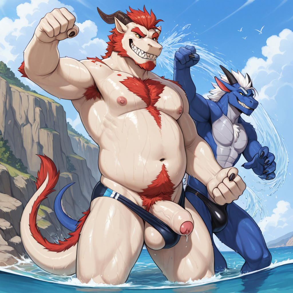 Elderly Drakator Dragon in Speedo by Ocean