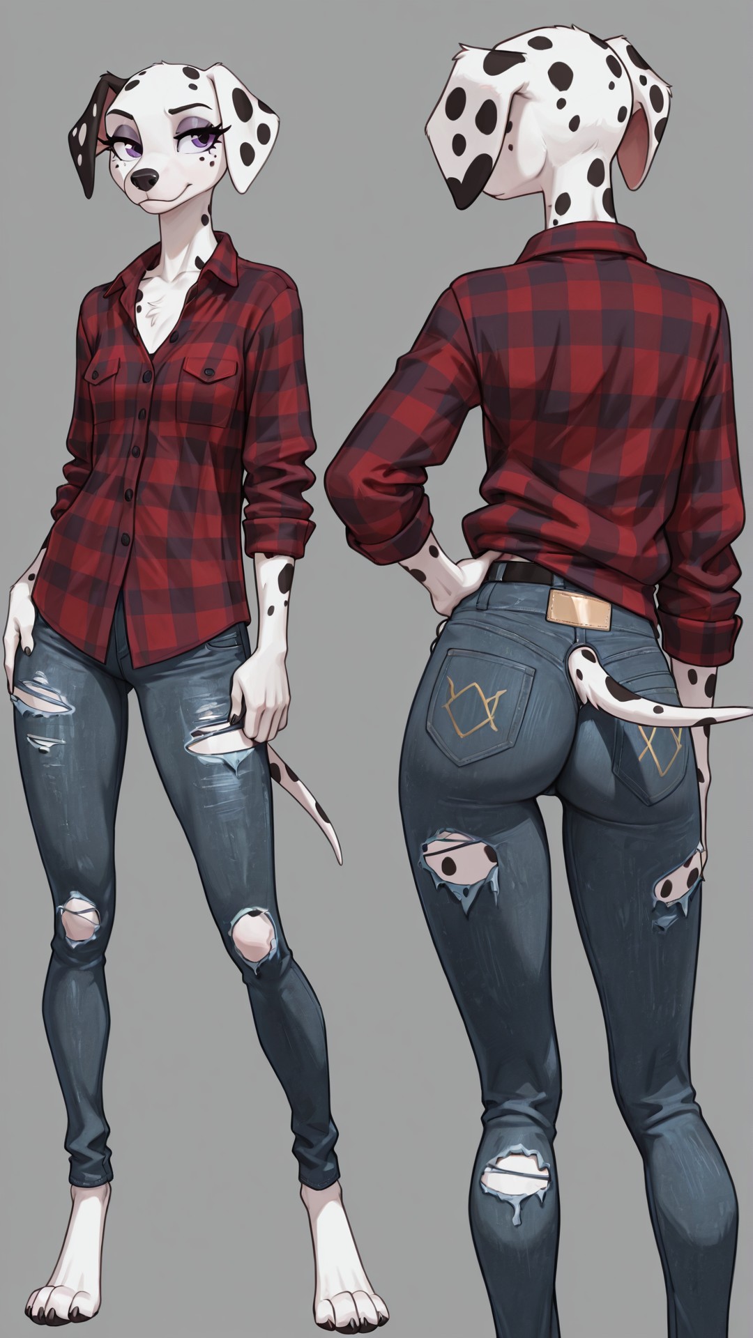Barred Spotted Dalmatian in Flannel and Ripped Jeans