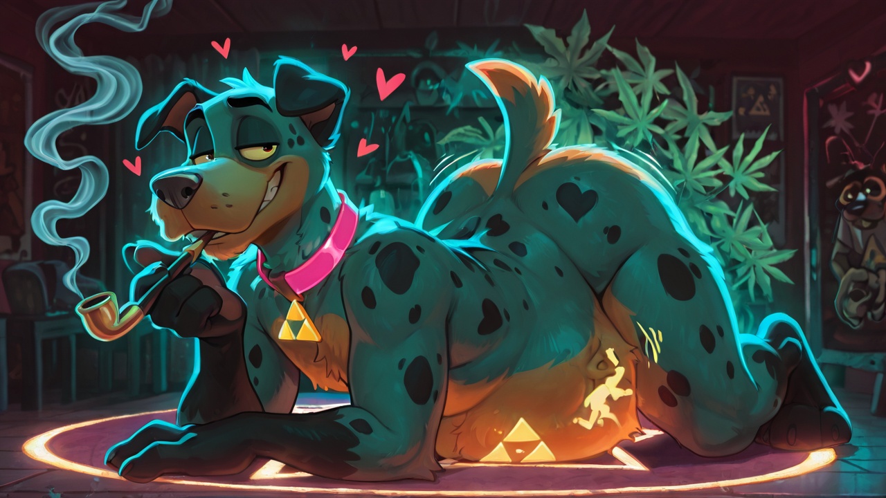 Anthro Dalmatian with Neon Rainbow Fur Smoking Pipe