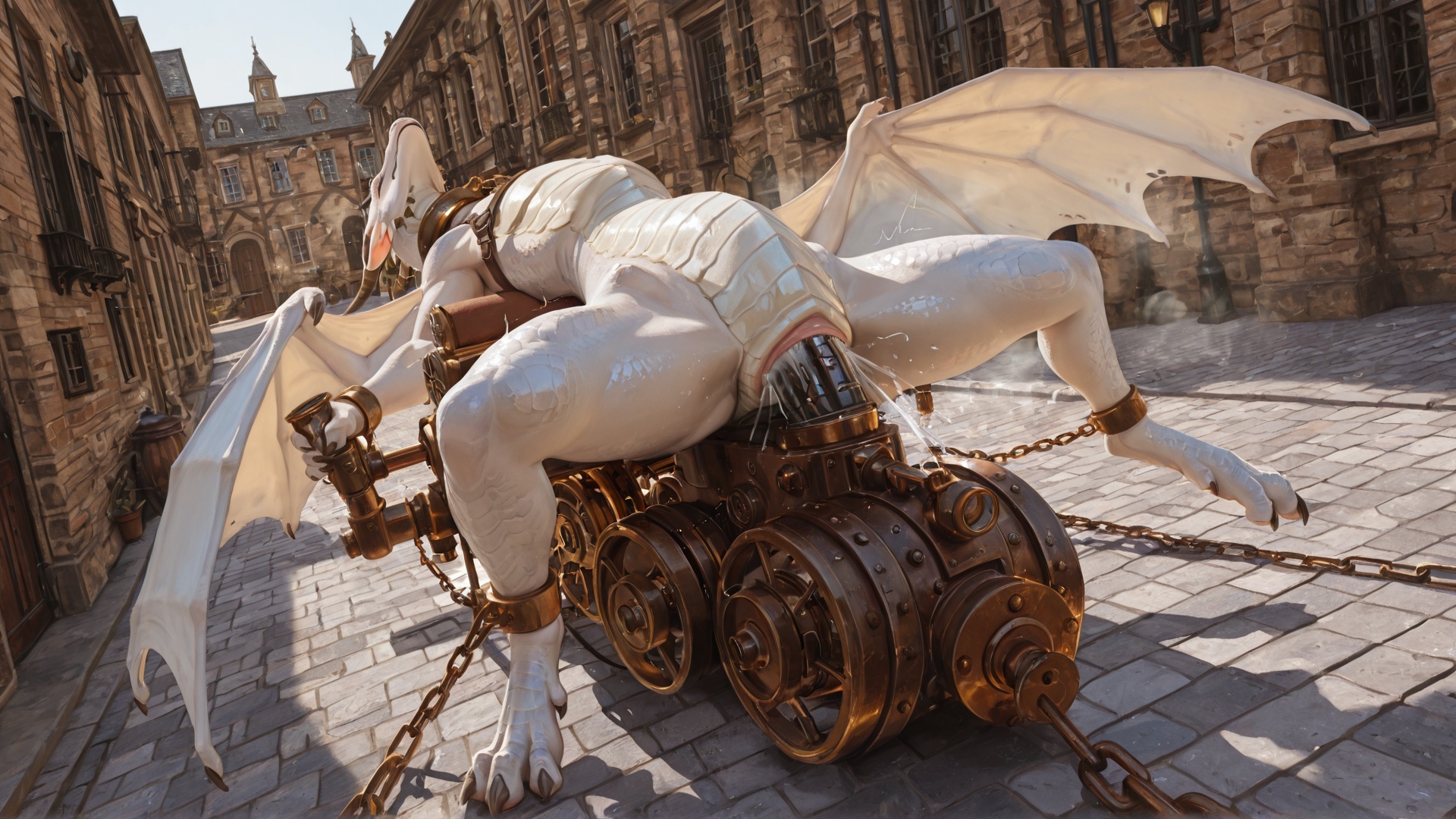 Dragon Ensnared in Steampunk Contraption