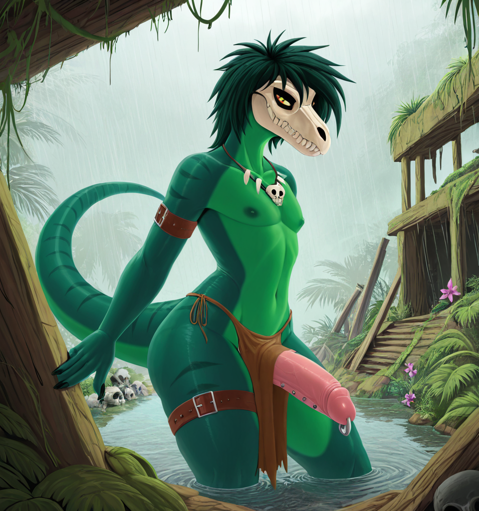 Raptor with Tribal Skull Mask in Jungle Ruins