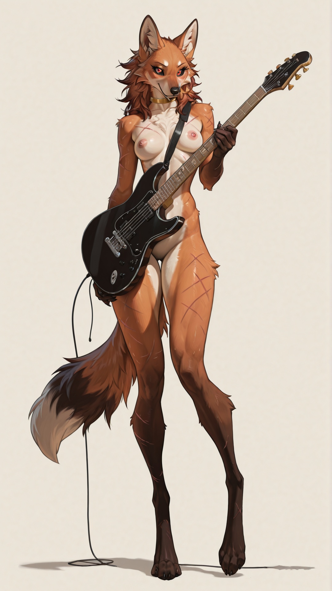 Maned Wolf Woman with Guitar on Beige Background
