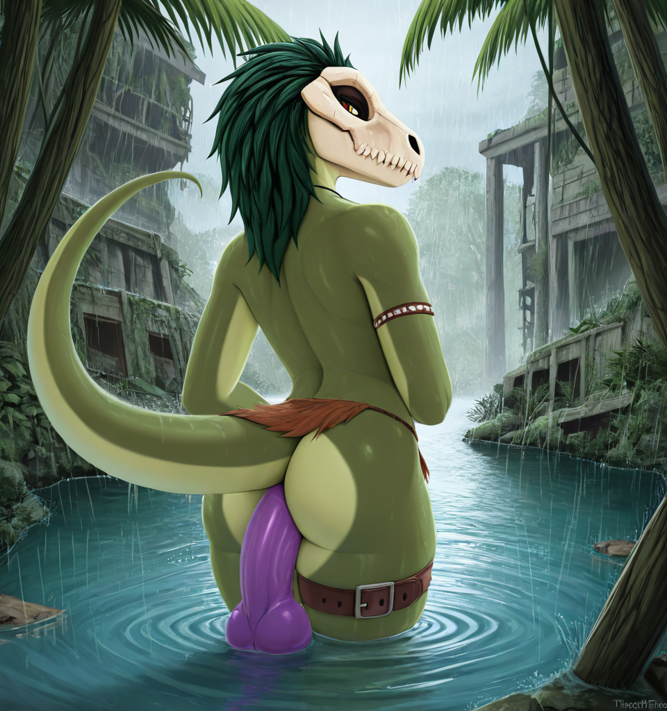 Raptor Warrior in Tribal Jungle Ruins Male Flat_chested