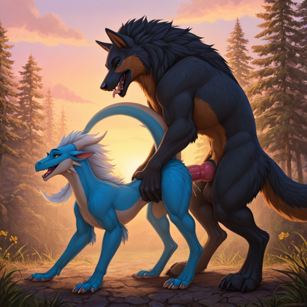 Wolf Mounting Dragon in Passionate Embrace