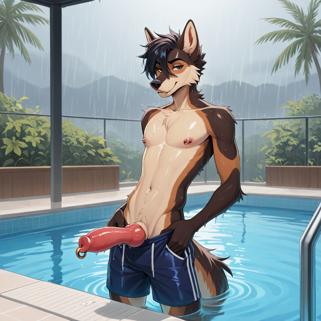 Male Anthro Canine by Pool