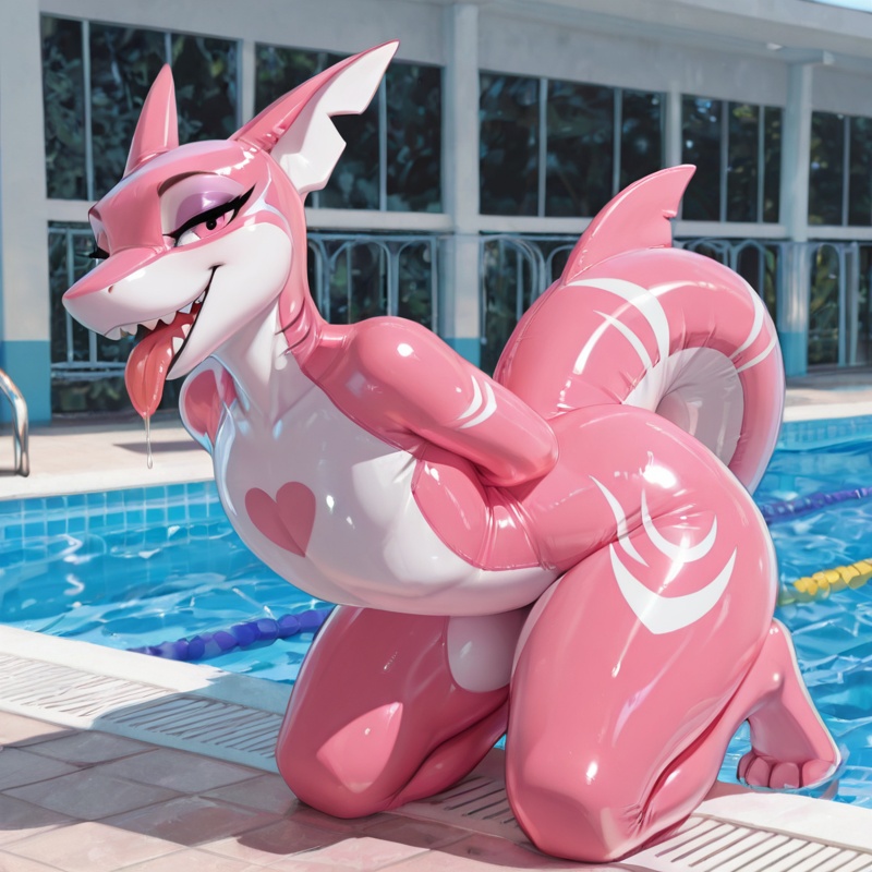 Feral Shark-Wolf Hybrid Kneeling by Pool
