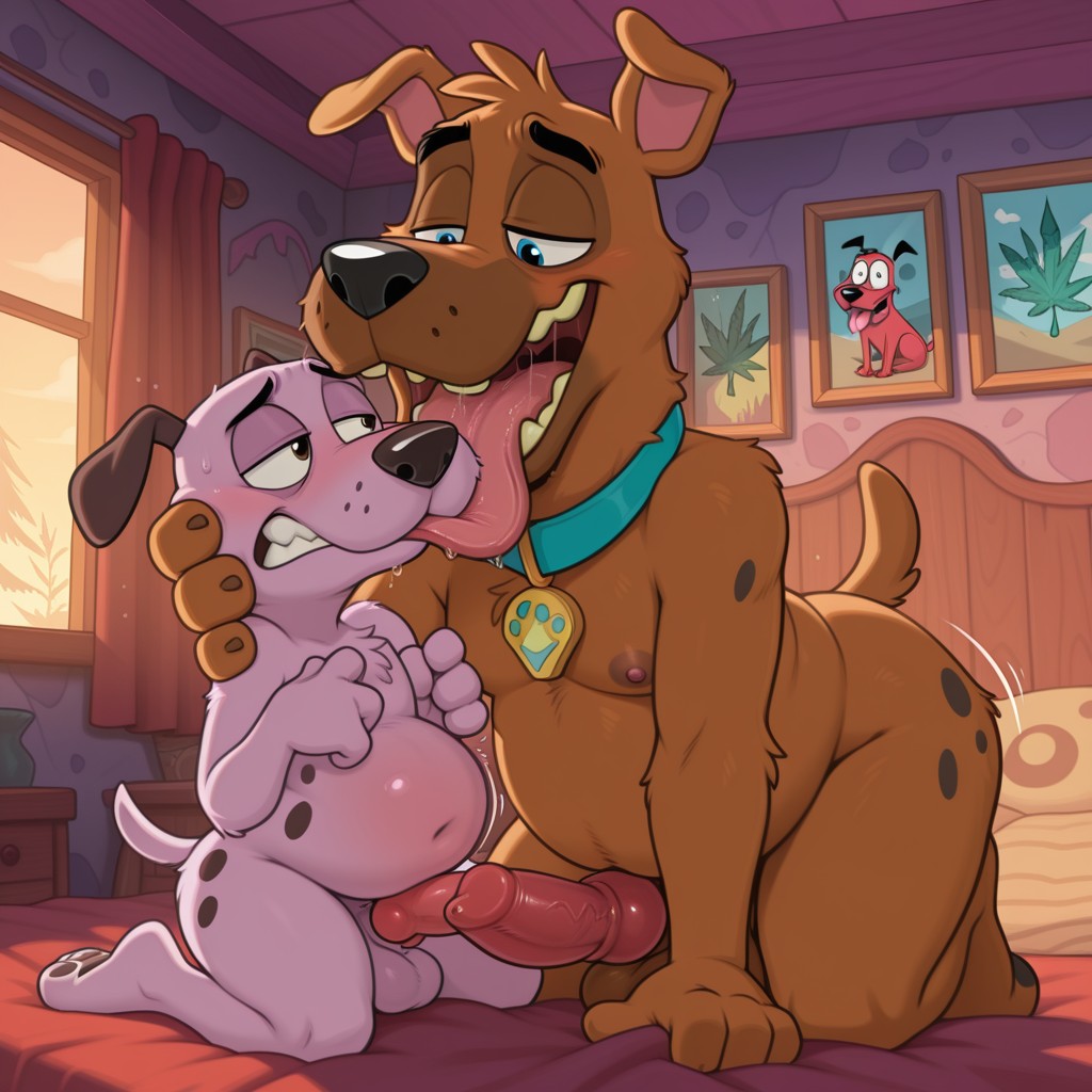Two Anthropomorphic Dogs Lock Lips in Romantic Embrace