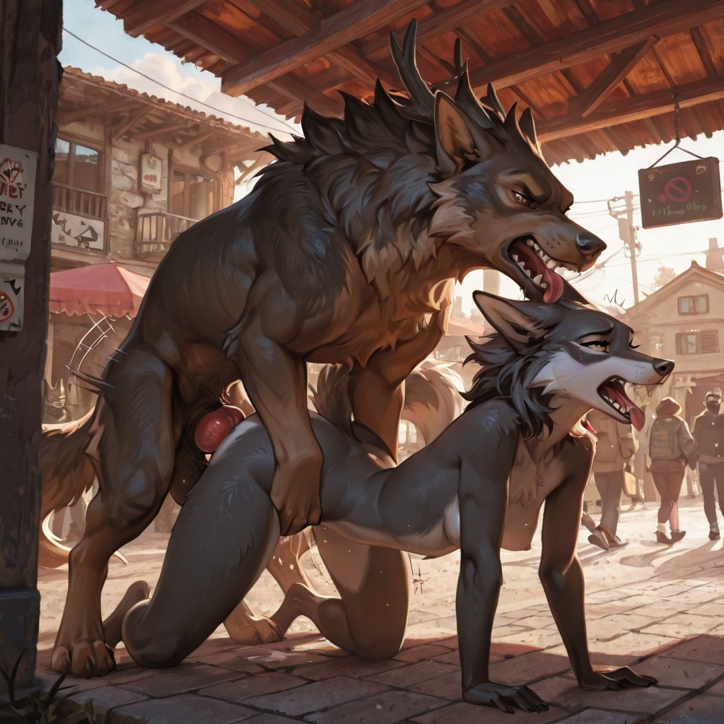 A Grey Wolf and a Red Dragon in a Forest Clearing