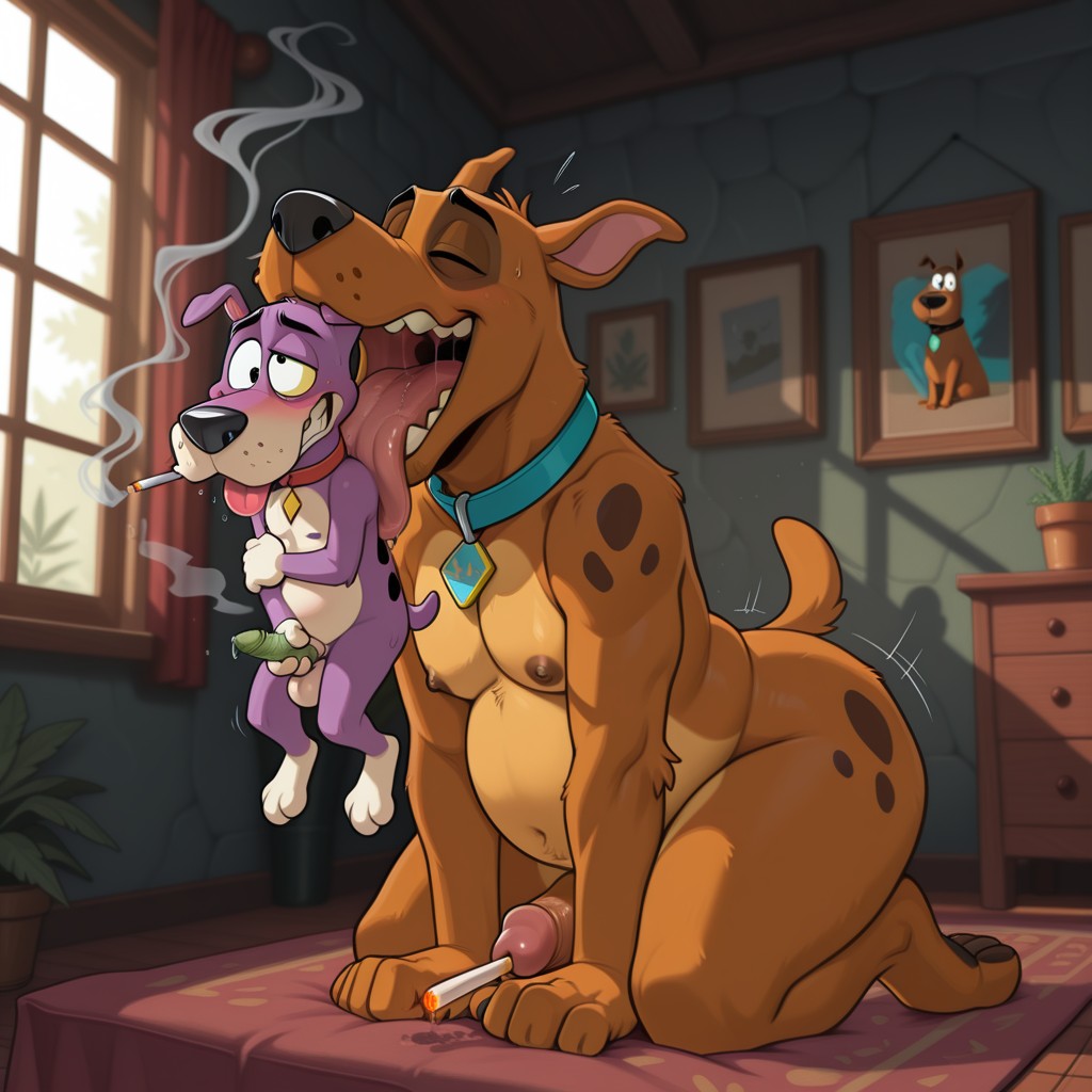 Scooby and Courage Sharing a Quiet Joint in the Living Room