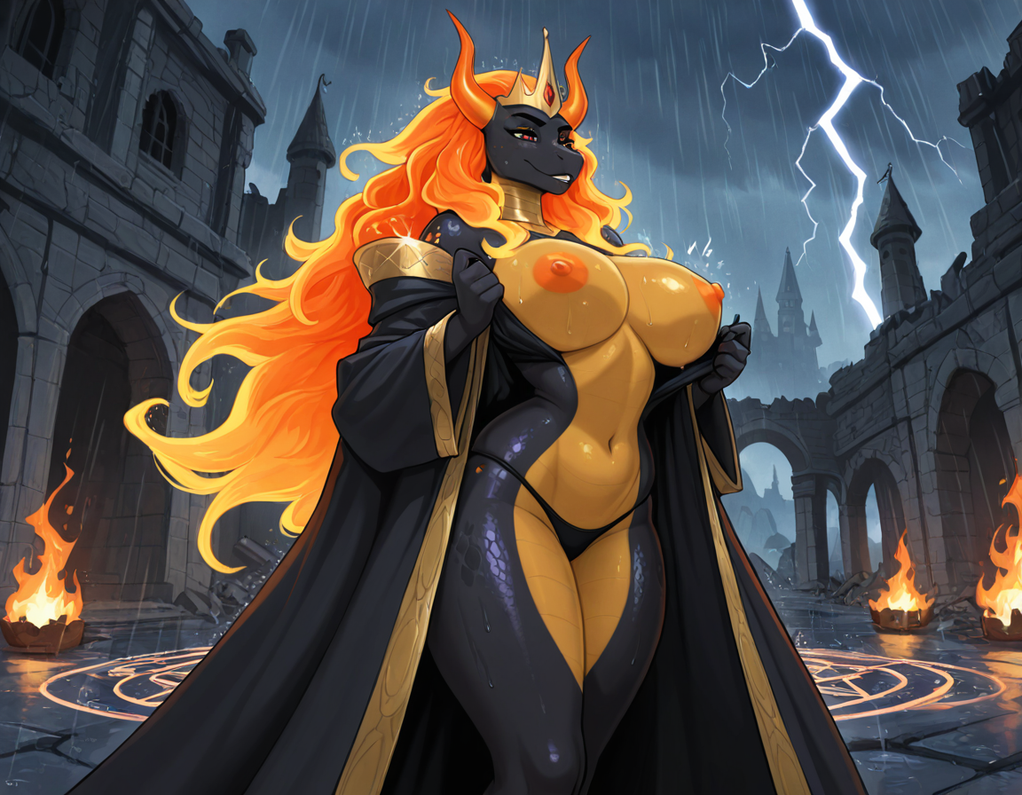 Majestic Furry Queen in Rainy Castle Ruins