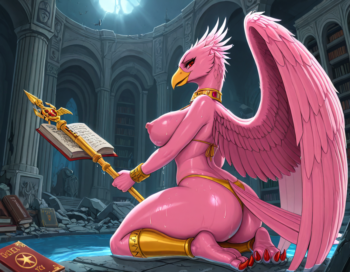Golden Avian Sorceress in Ruined Library