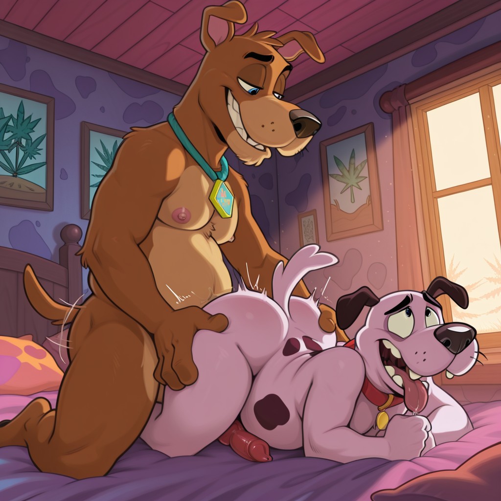 Two Anthro Dogs Embrace in a Moonlit Field
