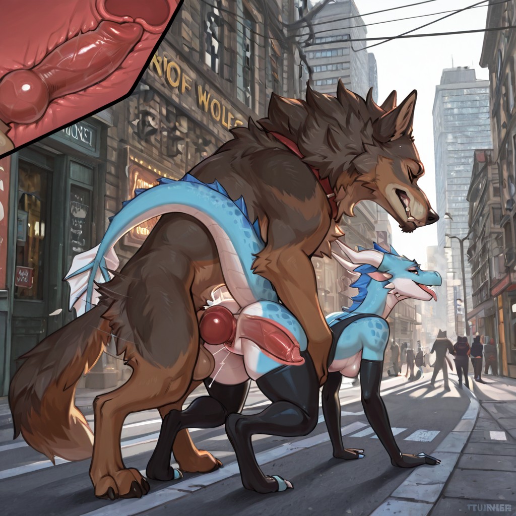 A Feral Wolf and an Anthro Dragon in a Busy City Street