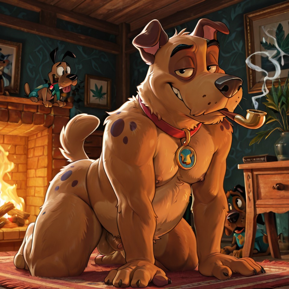 A Pink Anthro Dog Relaxing With a Pipe