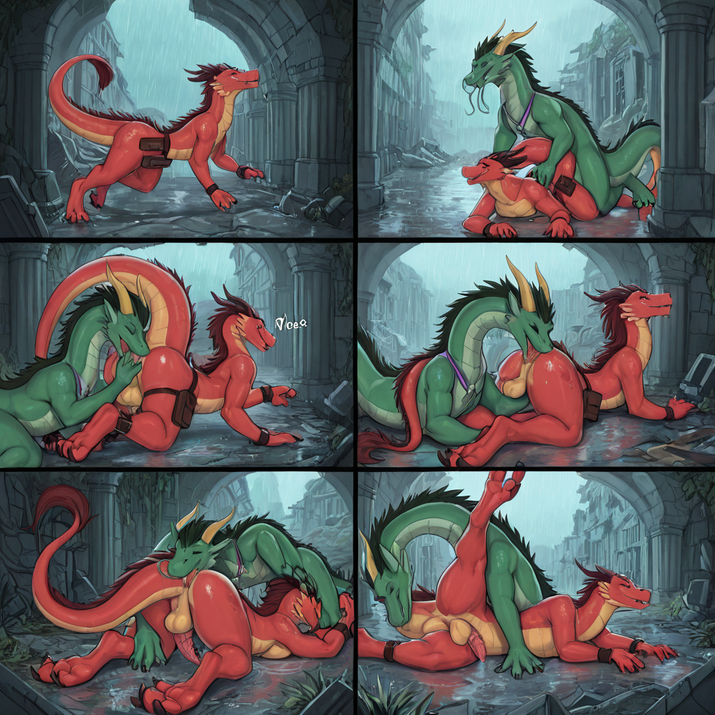 Eastern Dragon Duo in Rainy Ruins
