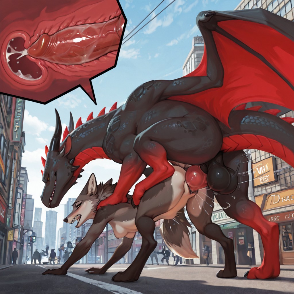A Grey Wolf and a Dragon in a Busy City Street