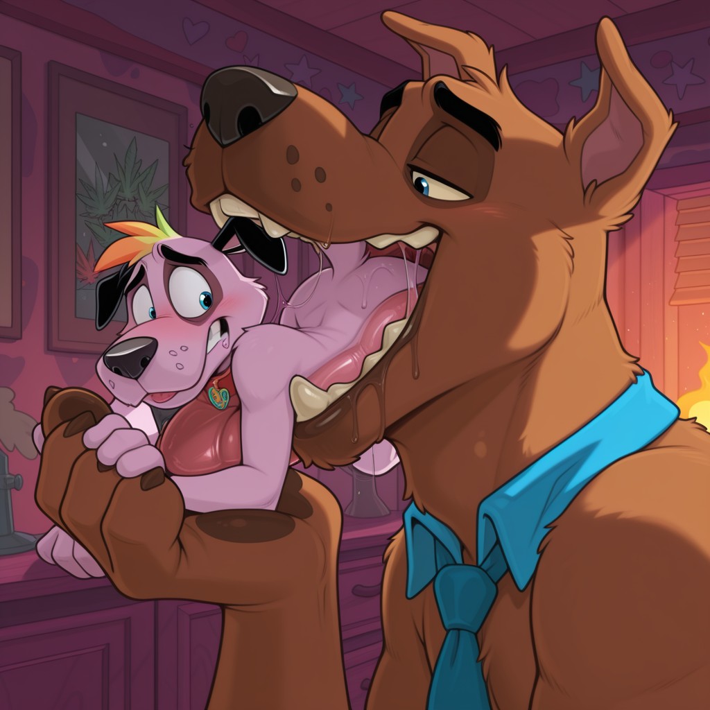 Two Anthro Canines Embrace in a Rainbow-Colored Field