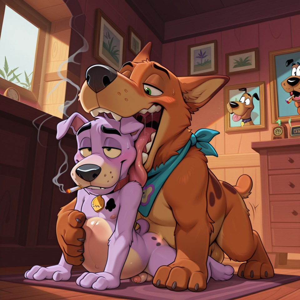 Two Cartoon Dogs Sharing a Joint Outdoors