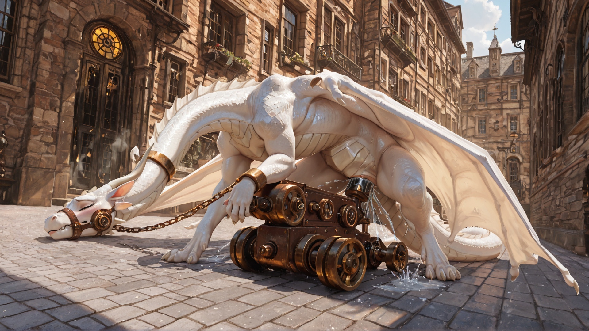 White Dragon Bound in Victorian Courtyard
