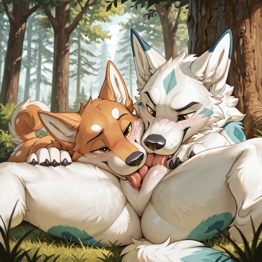 Two White Canids in a Sunlit Park Glade